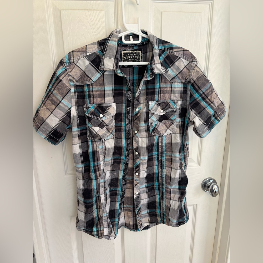 BKE Men’s Acid Wash Blue Gray Short-Sleeve Plaid Button-Down Shirt Size Large